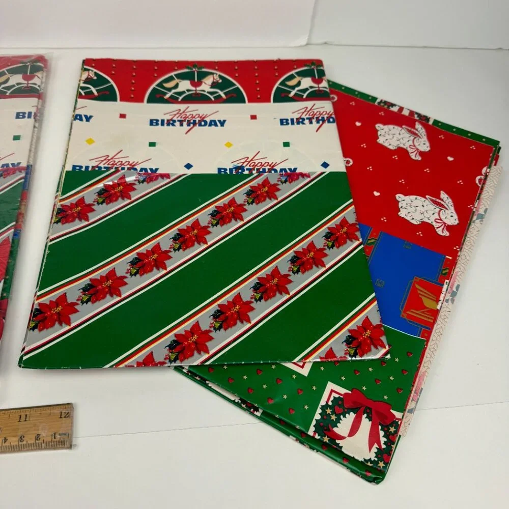 Vtg At Home‎ Christmas Gift Wrapping Paper Sheets 1 Sealed Pkg Plus Some Extra